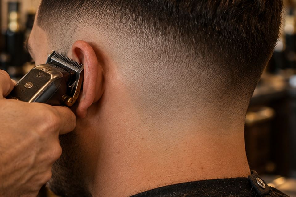 Close-up of a mid skin fade blending from the temple down to bare skin behind the ear