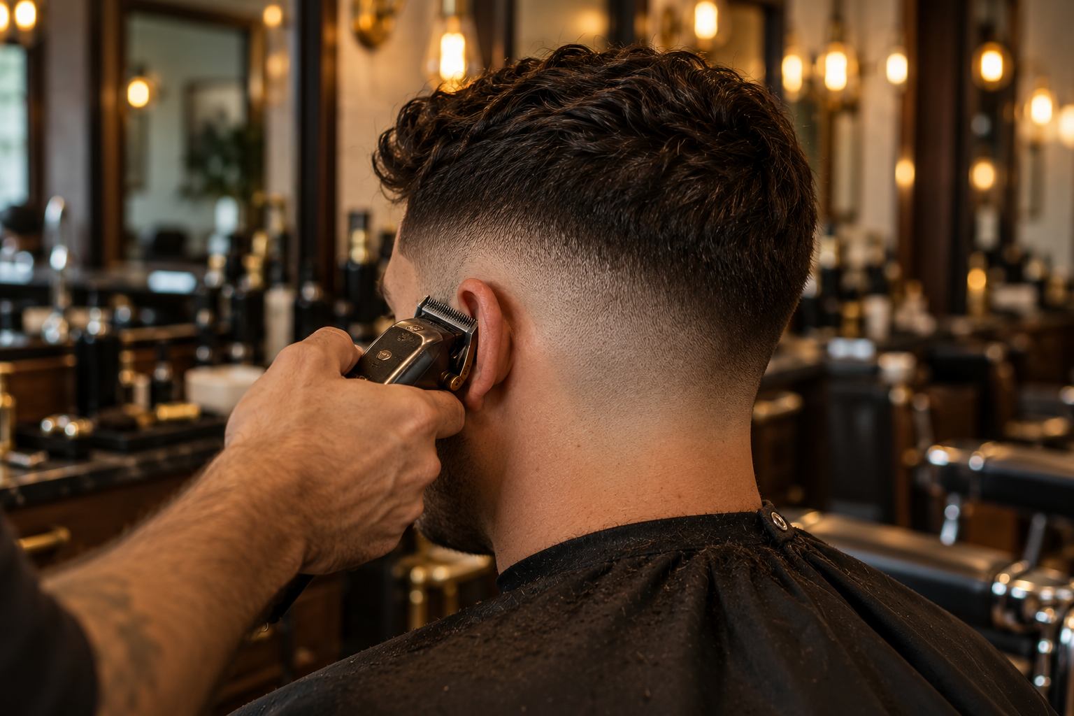 A barber finishing a mid skin fade on a client in a warm, lamp-lit barbershop