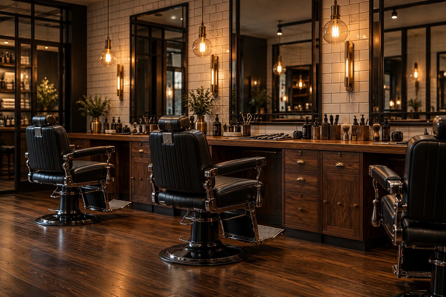 Inside Ironwood Barber Co.: black leather barber chairs, a dark wood counter, brass lamps and tall mirrors