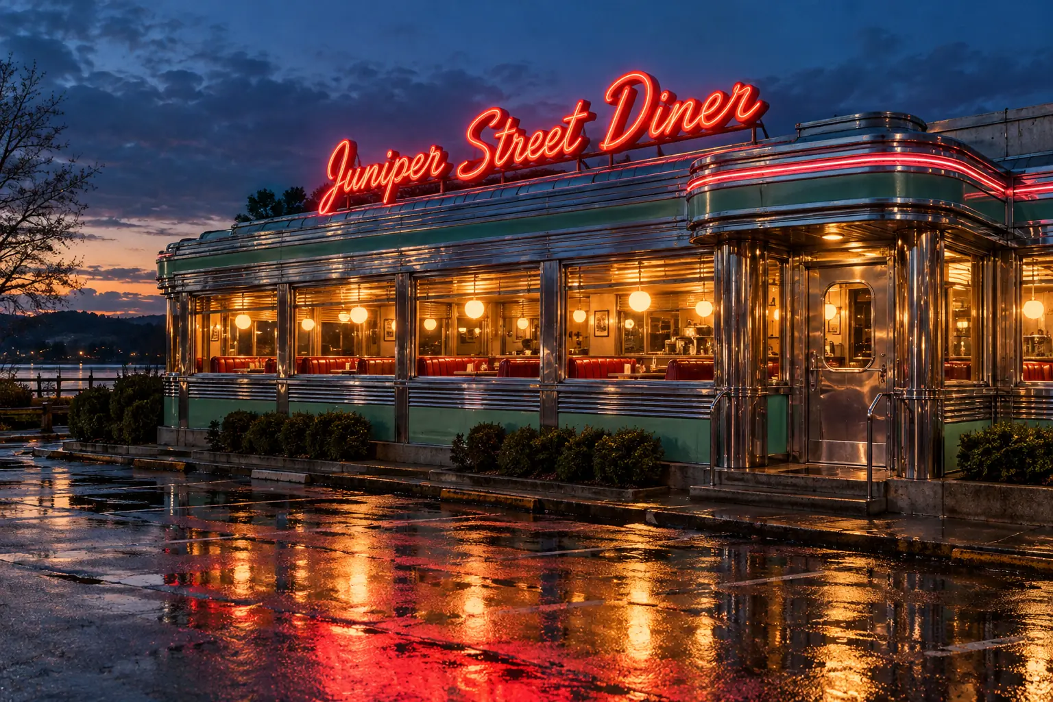 The front of Juniper Street Diner at dusk after rain: a chrome-and-mint streamlined building with red booths glowing in the windows and a red neon sign on the roof