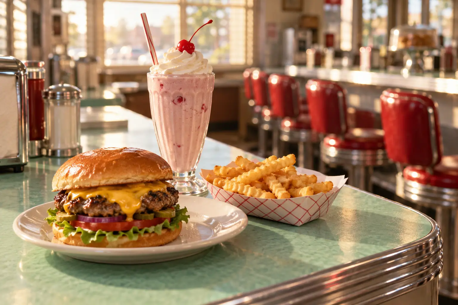 A cheeseburger on a white plate, a strawberry milkshake with whipped cream and a cherry, and a paper boat of crinkle fries on a mint formica counter, with red vinyl stools behind