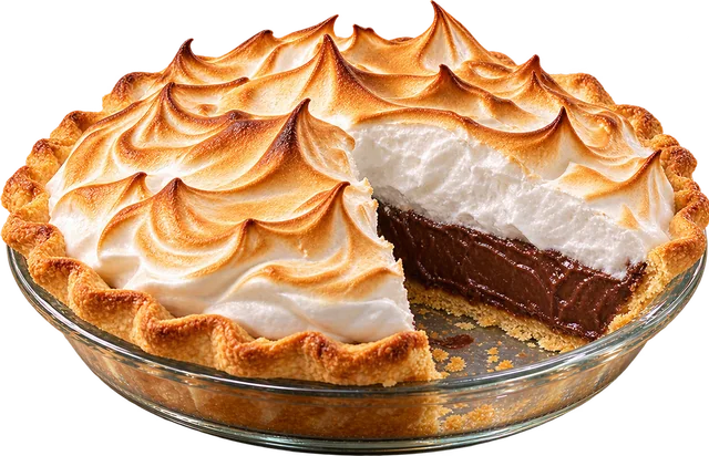 Chocolate meringue pie with one slice cut