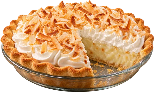 Coconut cream pie with one slice cut