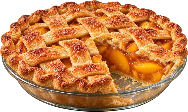 Peach pie with one slice cut