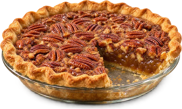 Pecan pie with one slice cut