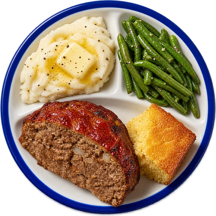 Monday's blue plate: meatloaf, mashed potatoes, green beans and cornbread