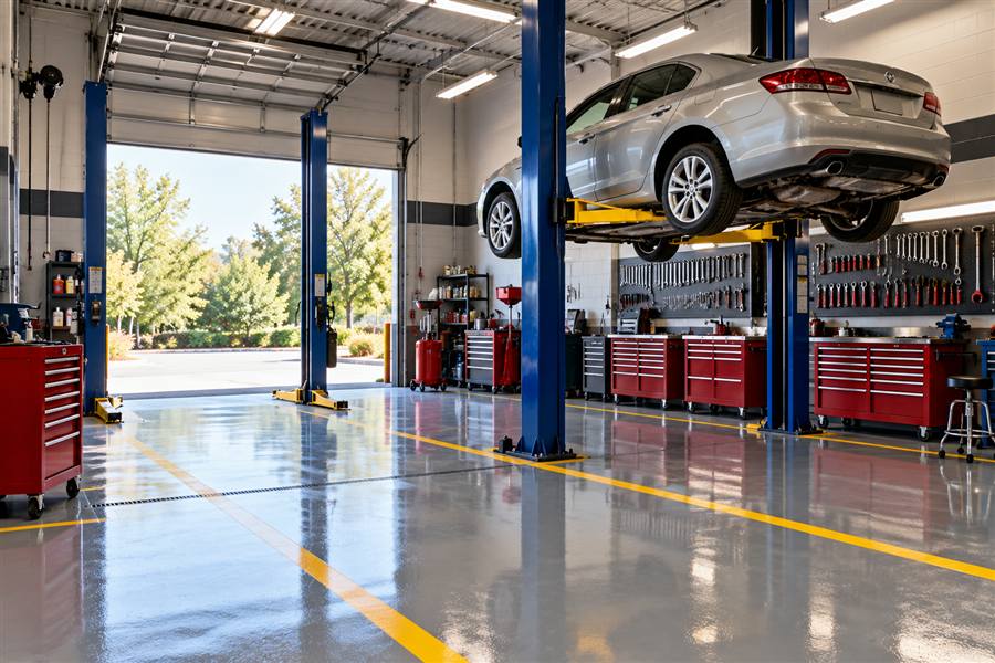 Inside the shop: a silver sedan raised on a two-post lift, red tool chests and a wall of wrenches, and yellow safety lines on the gray floor.