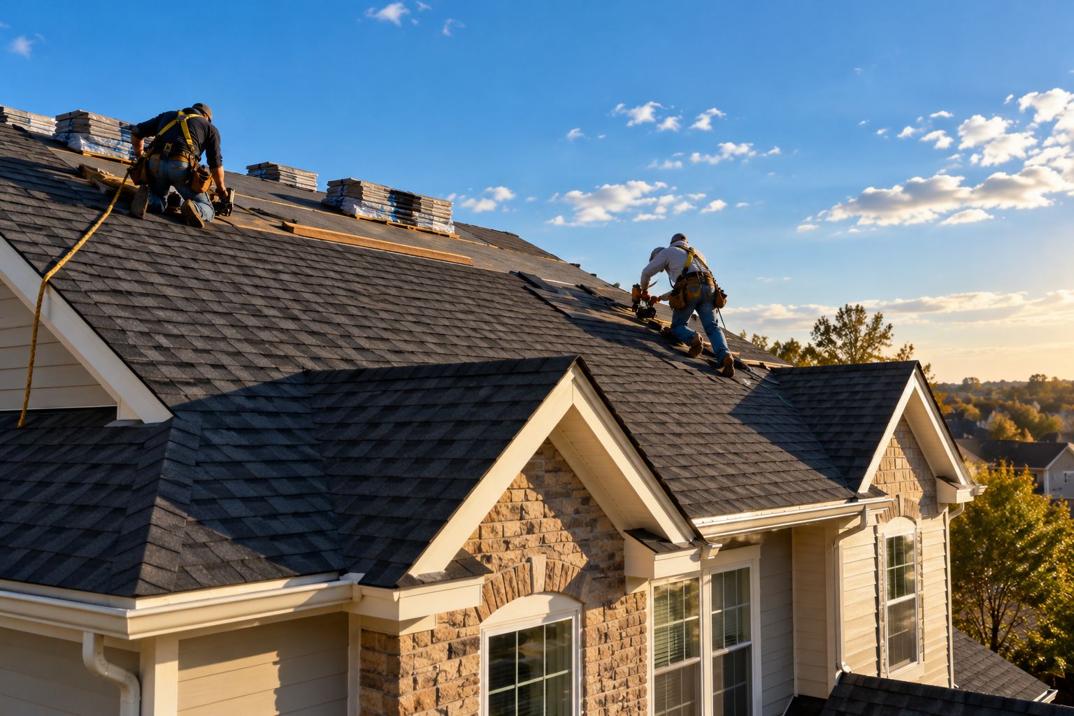 Two roofers in safety harnesses nailing down shingles on a steep two-story house roof in late afternoon light.